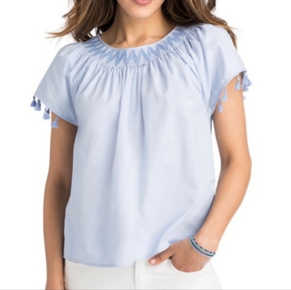 Vineyard Vines Light Blue Tassels & Smock Collar Boho Casual Top Womens Size XS